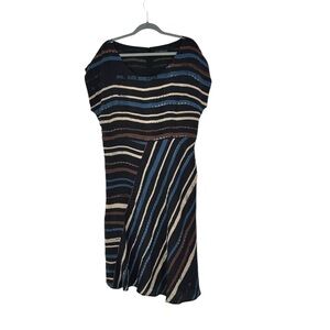 Women’s Peruvian Connection Size 14 Blue/Brown Striped Silk Midi Dress w Pockets